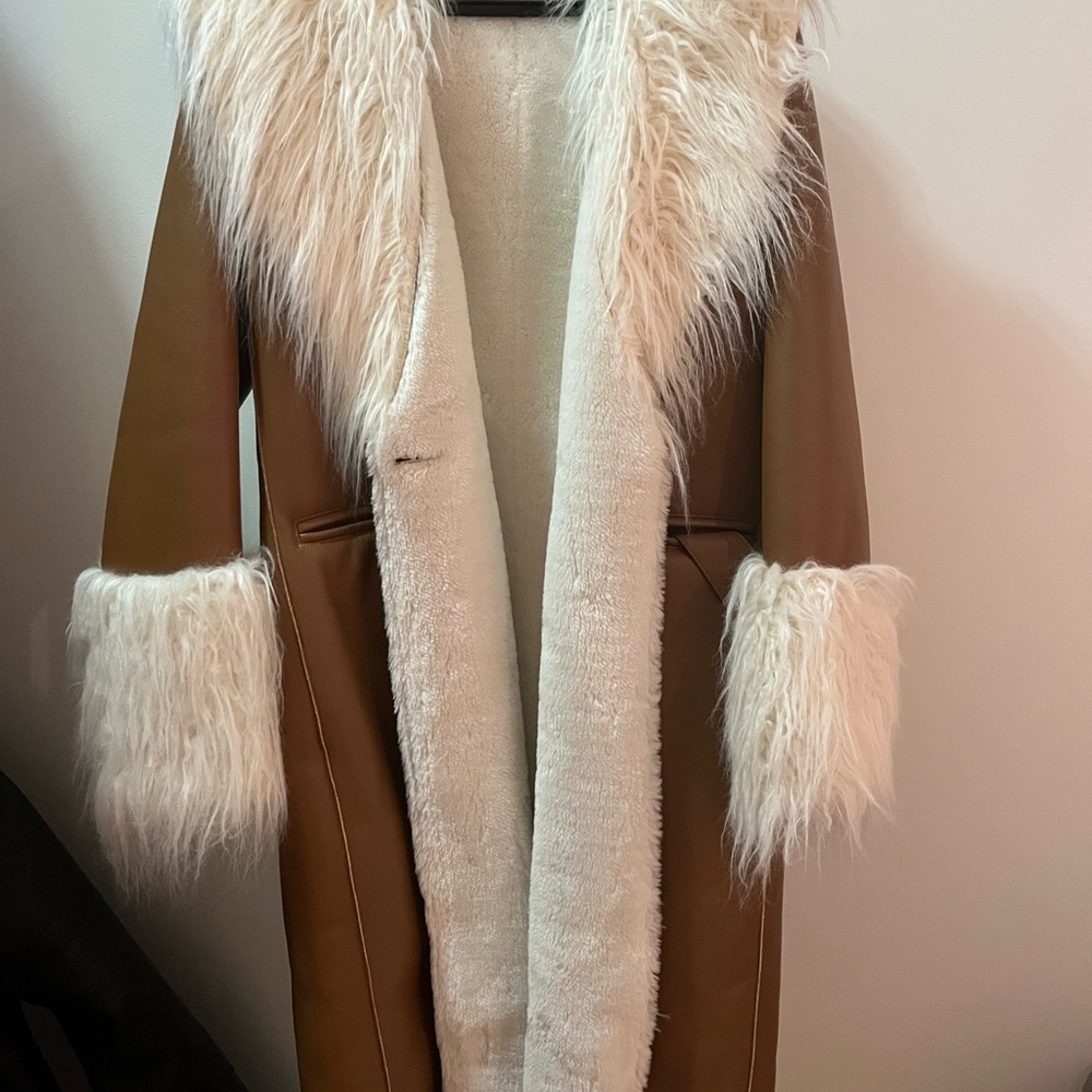 Maje Brown Teddy Jacket with Cream Faux Fur Trim